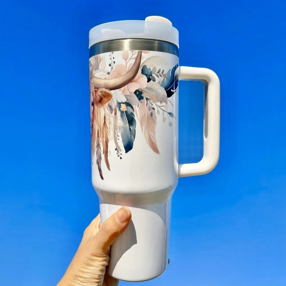 Birthday gift Floral Highland Cow 40 oz Personalized Tumbler. BRAND NEW Double